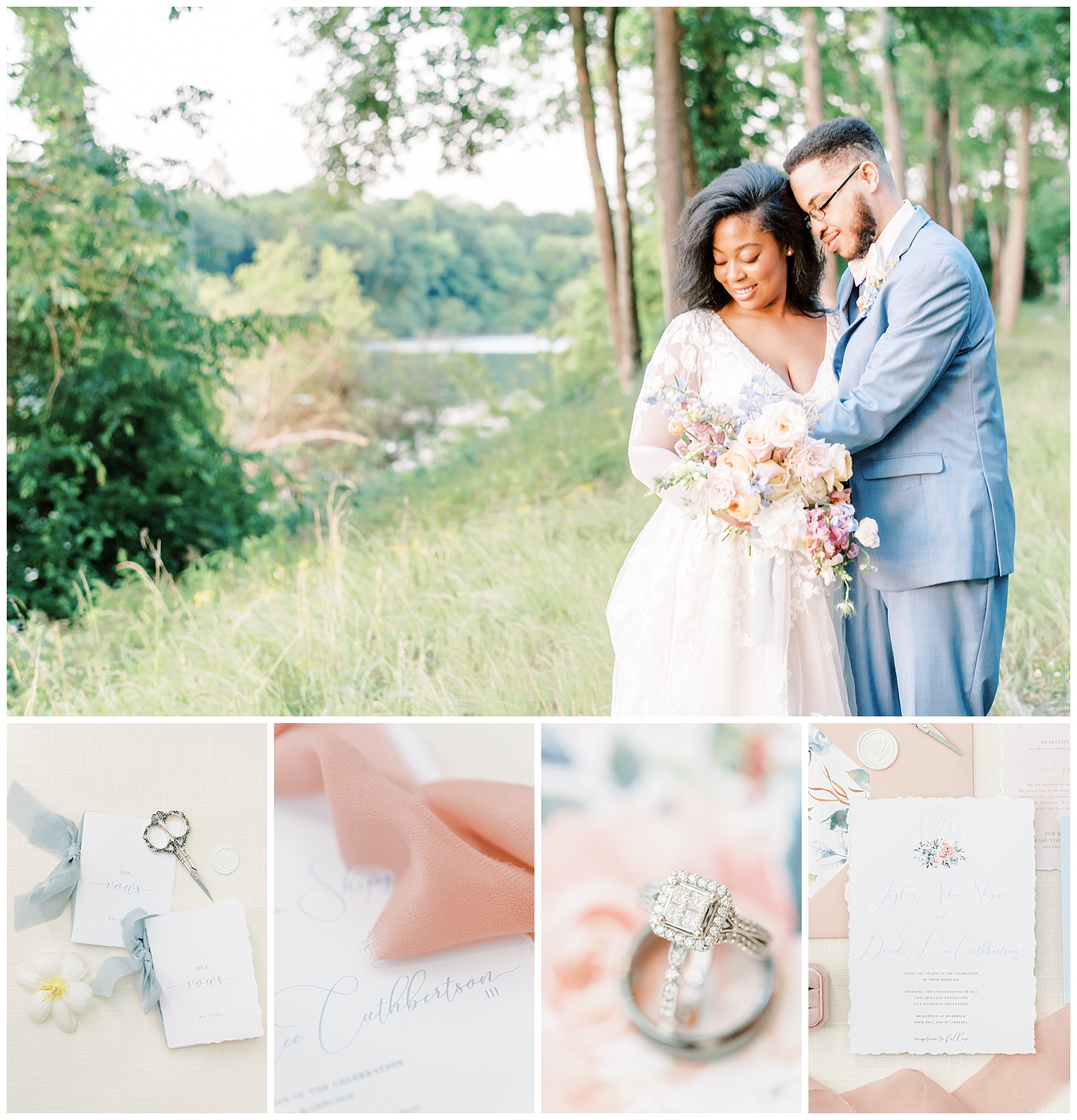 A pink blush and dusty blue wedding details vision board