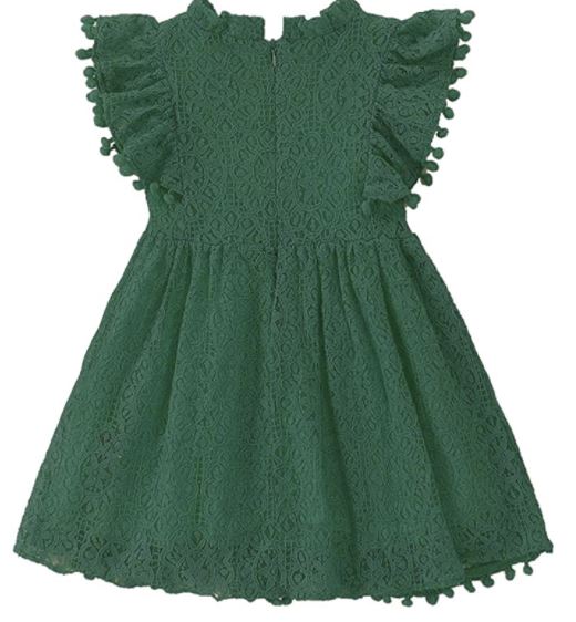 Girls Green Flutter Sleeve Pom Pom Dress